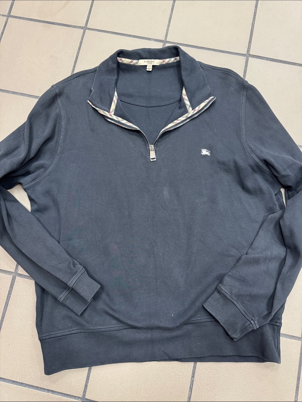 Burberry Men's Navy Half-Zip Sweater with Check Trim